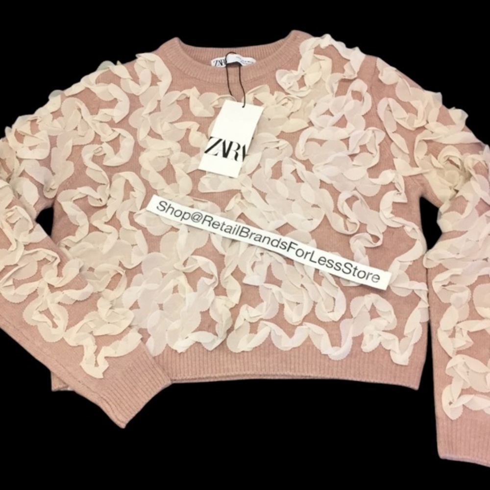 ZARA RIBBON ORGANZA CHIFFON DUSTY PINK KNIT CONTRASTING TRIM SWEATER $69.90 - Picture 1 of 14